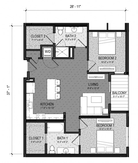 Floor plan for 2 beds, 2 baths, 1004 sqft